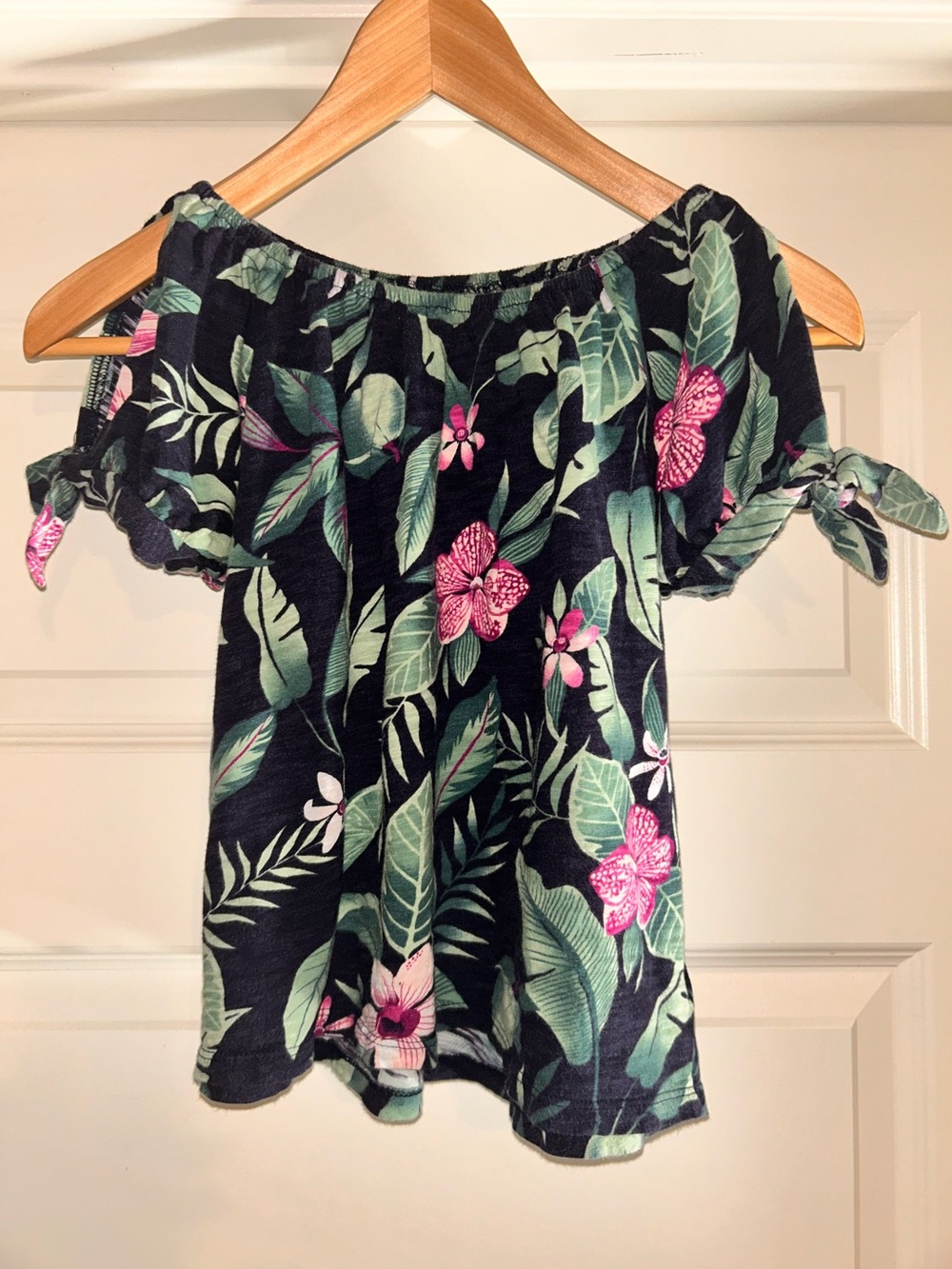Girls Old Navy Off-Shoulder Tropical Floral Top - Pink/Green